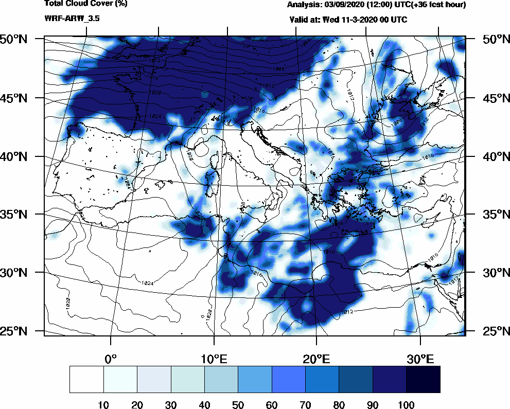 Total cloud cover (%) - 2020-03-10 18:00