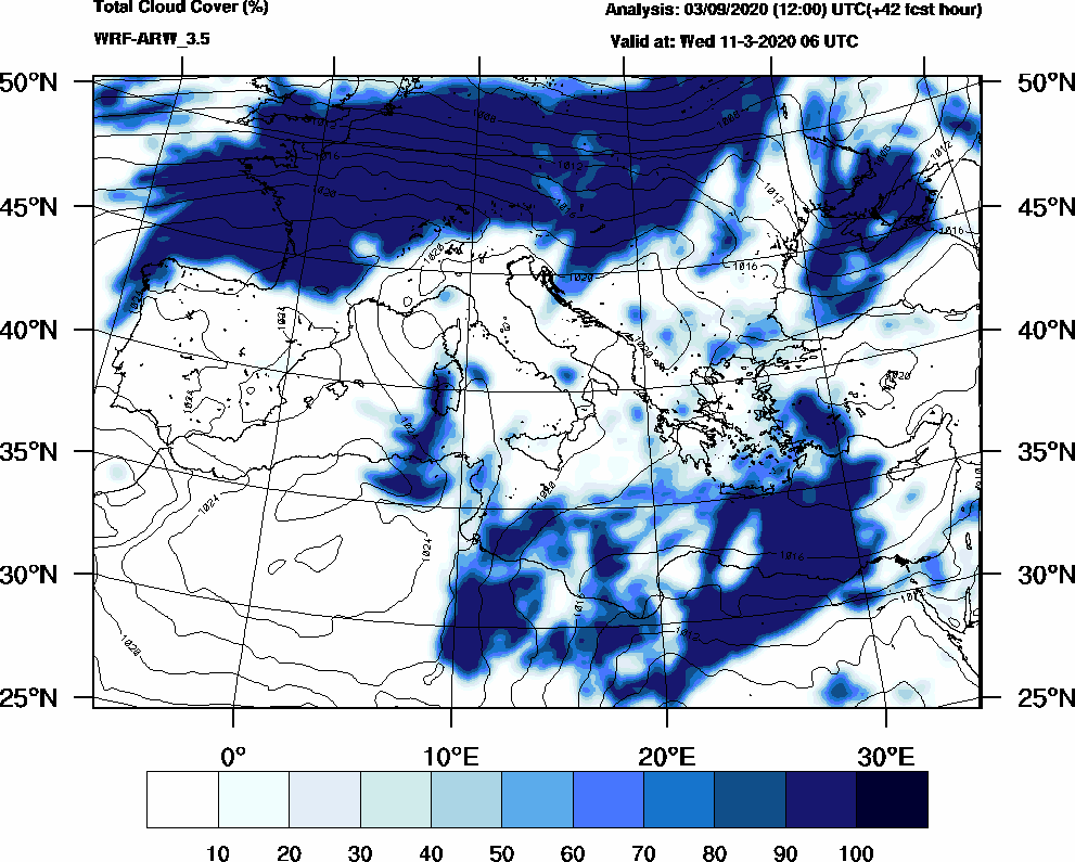 Total cloud cover (%) - 2020-03-11 00:00