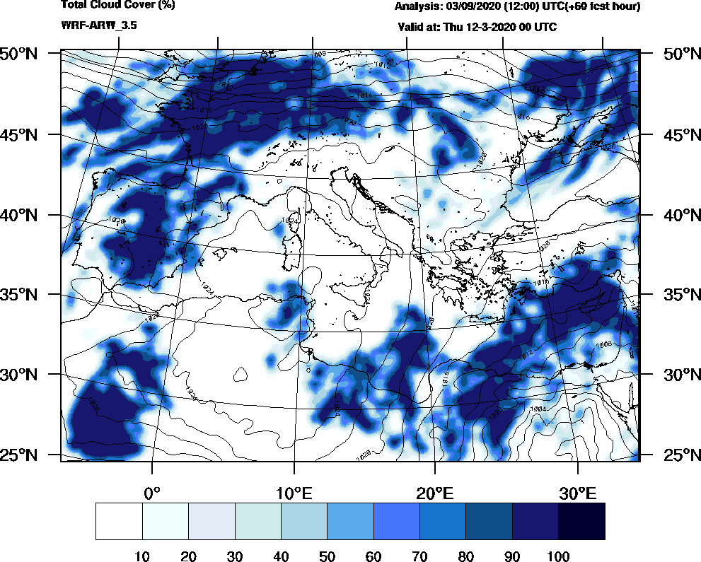 Total cloud cover (%) - 2020-03-11 18:00
