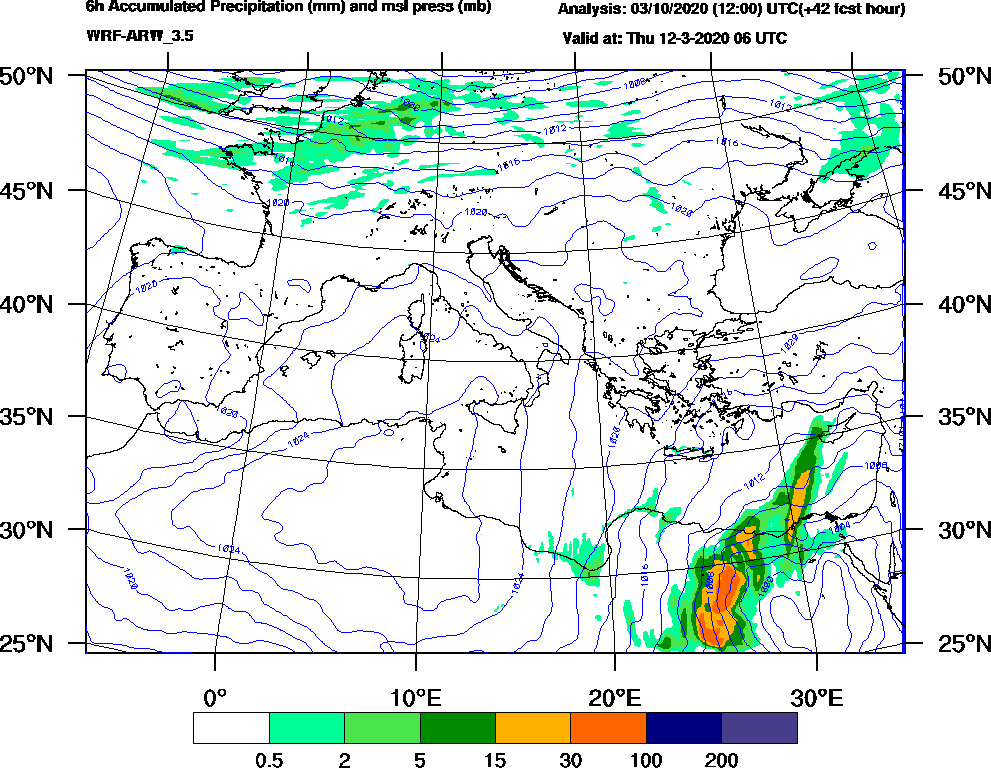 6h Accumulated Precipitation (mm) and msl press (mb) - 2020-03-12 00:00