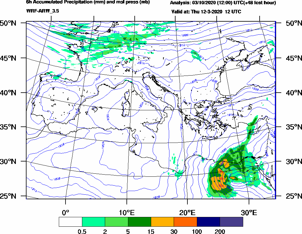 6h Accumulated Precipitation (mm) and msl press (mb) - 2020-03-12 06:00