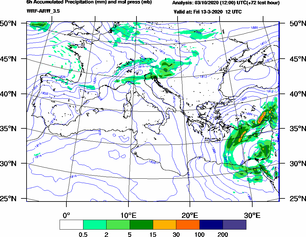 6h Accumulated Precipitation (mm) and msl press (mb) - 2020-03-13 06:00
