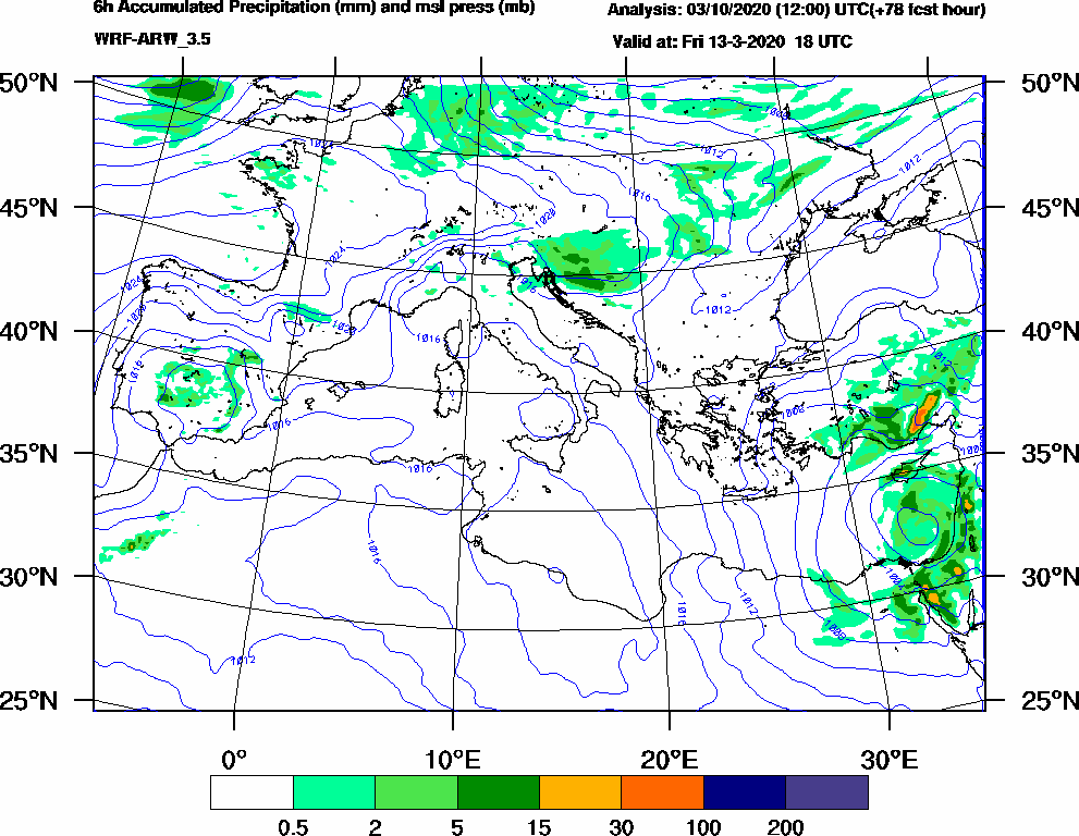 6h Accumulated Precipitation (mm) and msl press (mb) - 2020-03-13 12:00