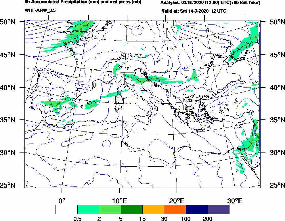 6h Accumulated Precipitation (mm) and msl press (mb) - 2020-03-14 06:00