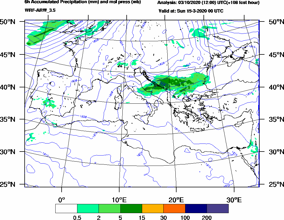 6h Accumulated Precipitation (mm) and msl press (mb) - 2020-03-14 18:00