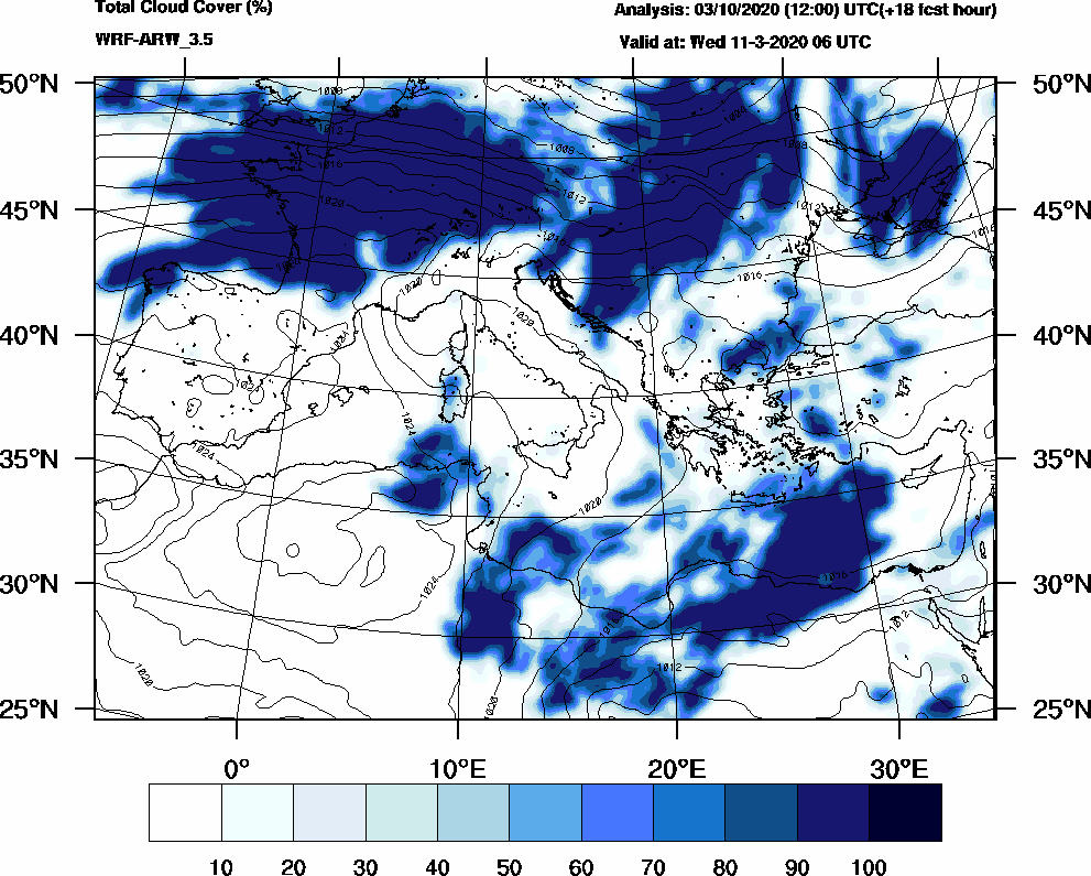 Total cloud cover (%) - 2020-03-11 00:00