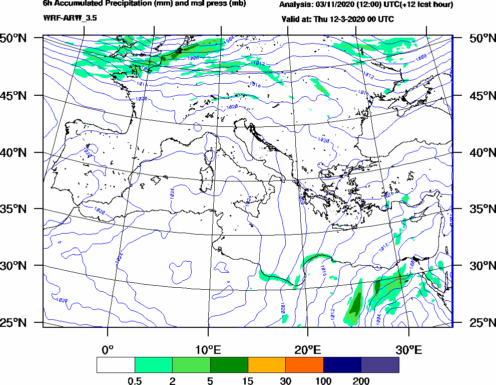 6h Accumulated Precipitation (mm) and msl press (mb) - 2020-03-11 18:00