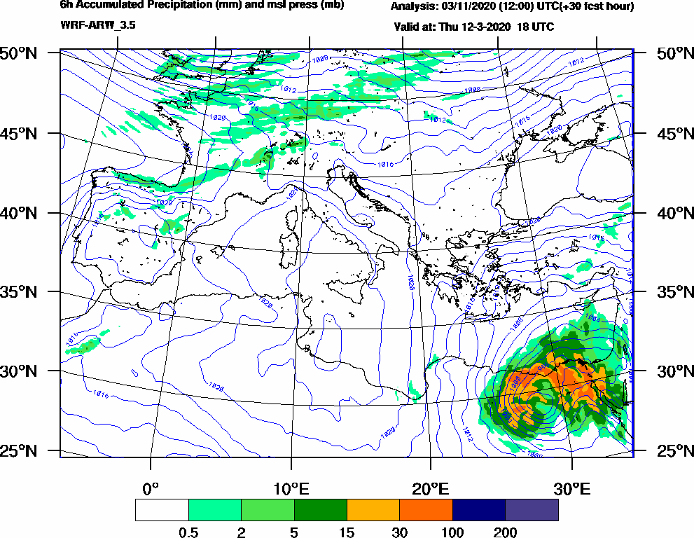 6h Accumulated Precipitation (mm) and msl press (mb) - 2020-03-12 12:00