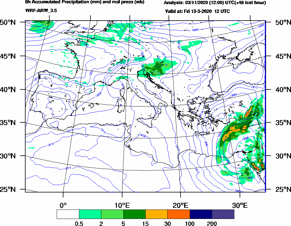 6h Accumulated Precipitation (mm) and msl press (mb) - 2020-03-13 06:00