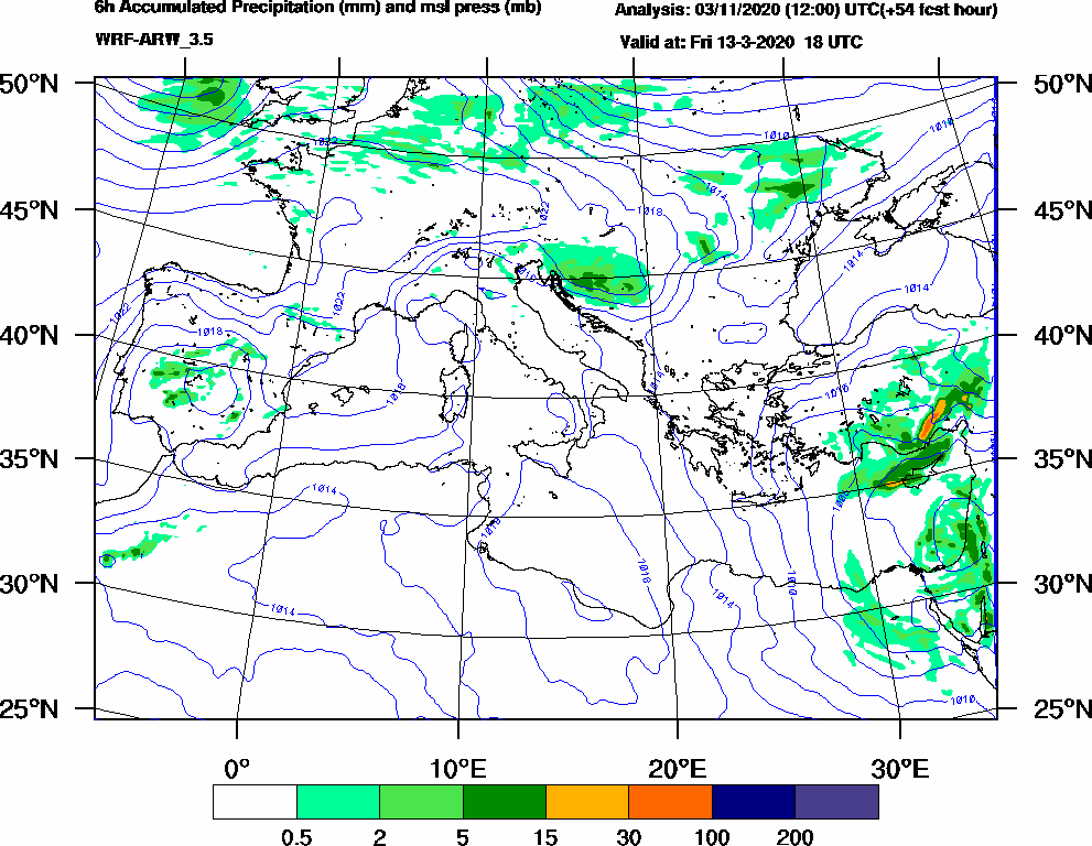 6h Accumulated Precipitation (mm) and msl press (mb) - 2020-03-13 12:00