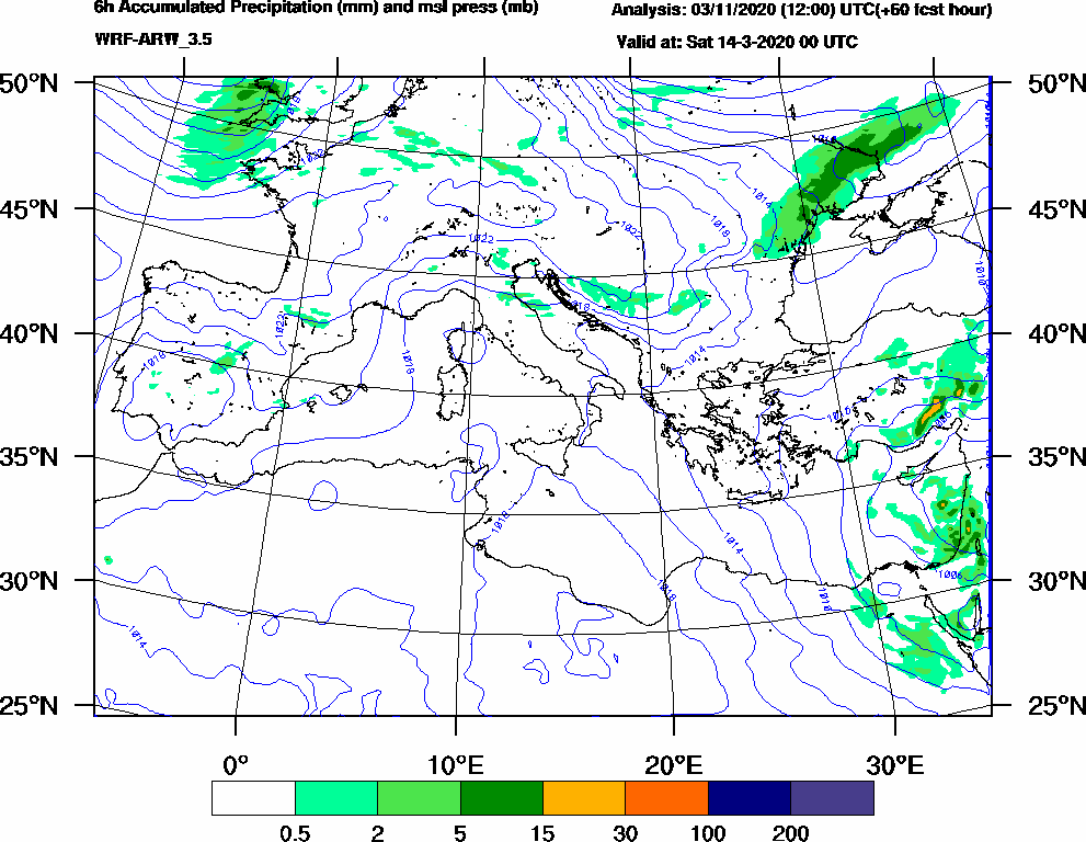 6h Accumulated Precipitation (mm) and msl press (mb) - 2020-03-13 18:00