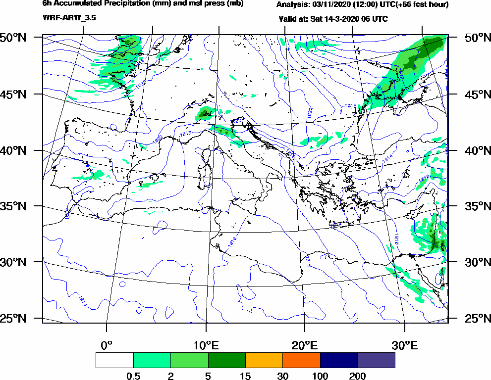 6h Accumulated Precipitation (mm) and msl press (mb) - 2020-03-14 00:00