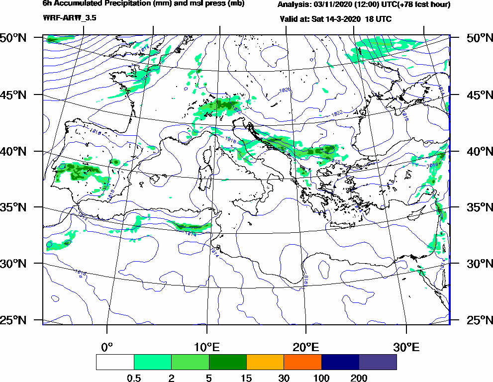 6h Accumulated Precipitation (mm) and msl press (mb) - 2020-03-14 12:00