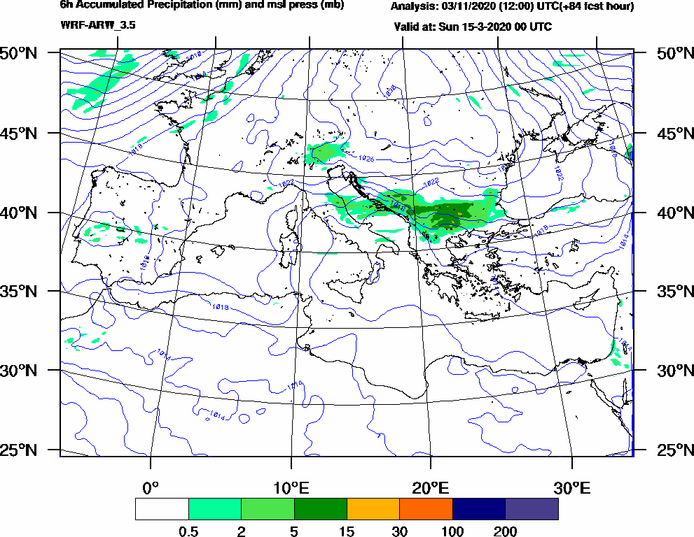 6h Accumulated Precipitation (mm) and msl press (mb) - 2020-03-14 18:00