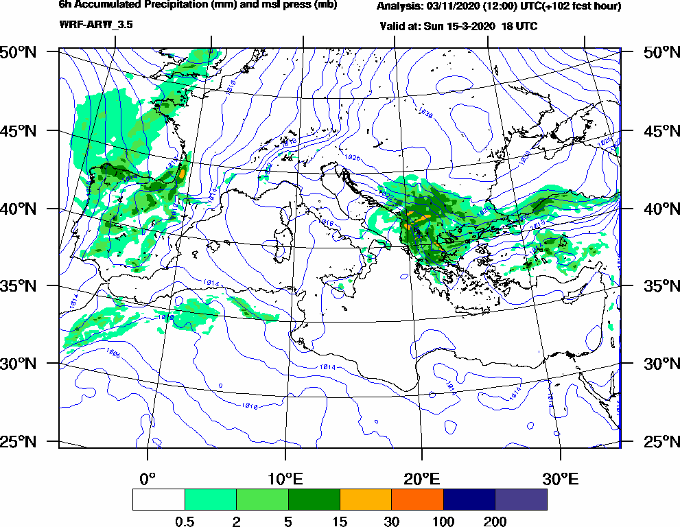 6h Accumulated Precipitation (mm) and msl press (mb) - 2020-03-15 12:00