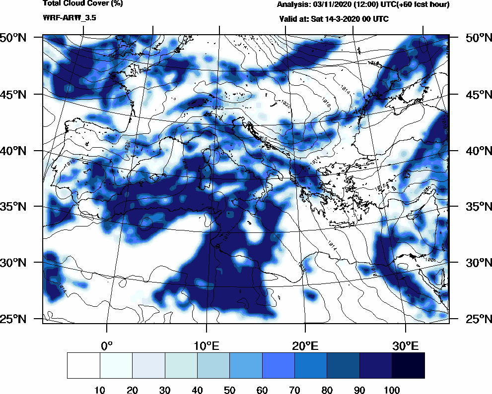 Total cloud cover (%) - 2020-03-13 18:00