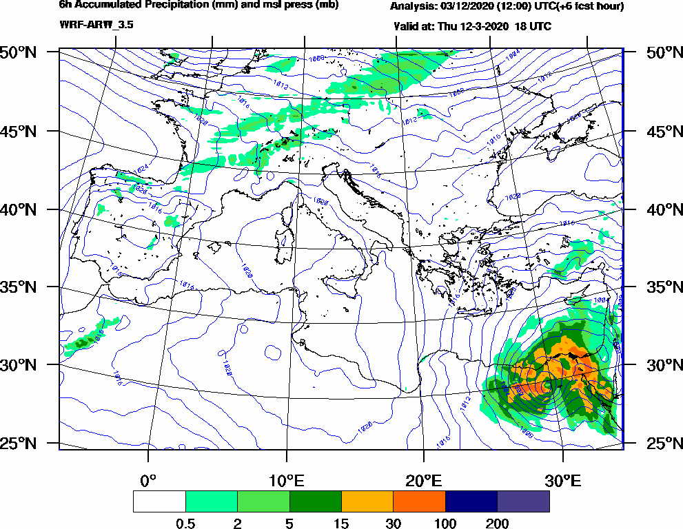 6h Accumulated Precipitation (mm) and msl press (mb) - 2020-03-12 12:00