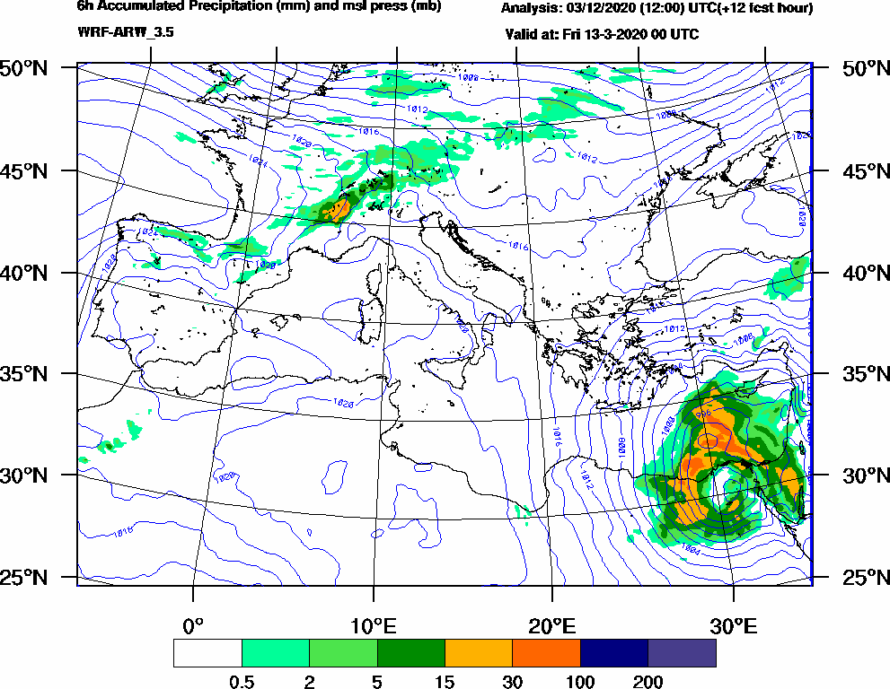 6h Accumulated Precipitation (mm) and msl press (mb) - 2020-03-12 18:00