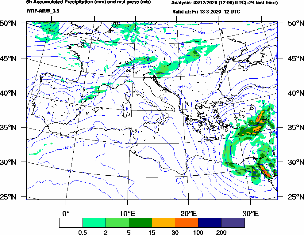 6h Accumulated Precipitation (mm) and msl press (mb) - 2020-03-13 06:00