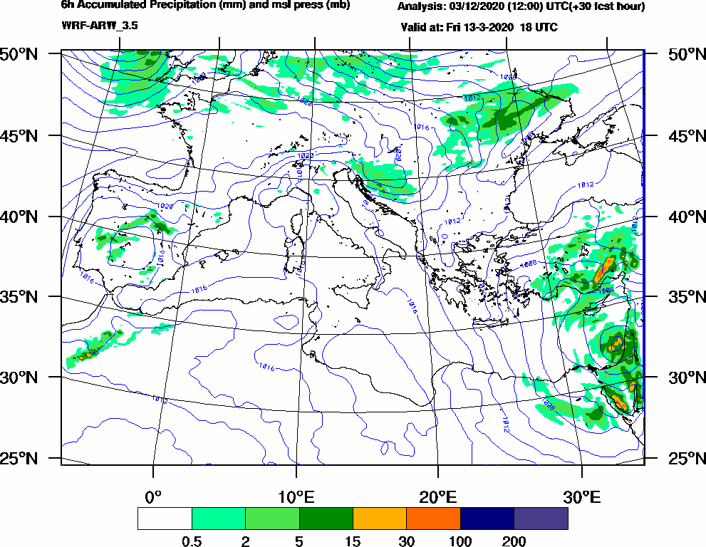 6h Accumulated Precipitation (mm) and msl press (mb) - 2020-03-13 12:00