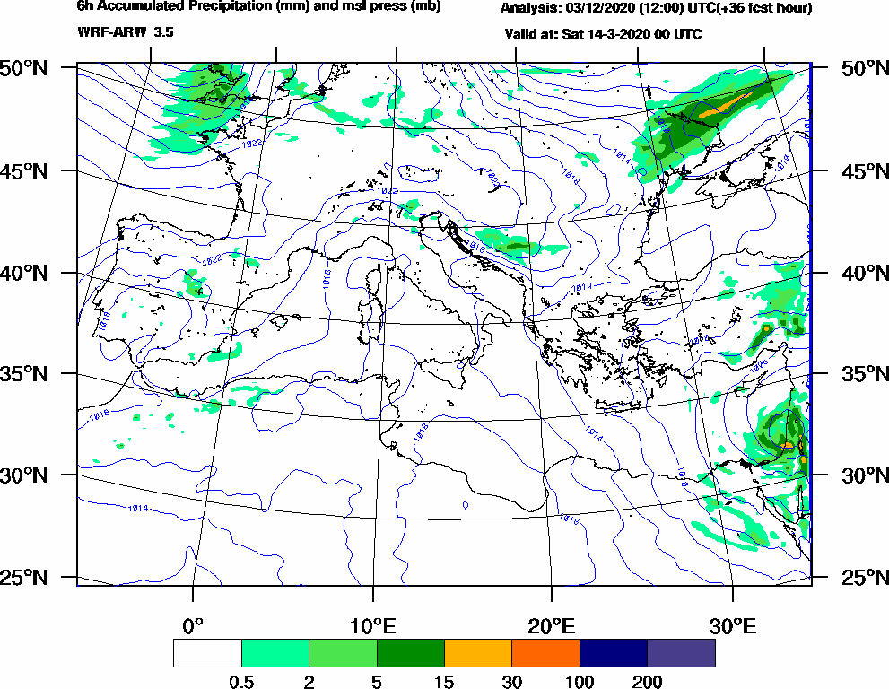 6h Accumulated Precipitation (mm) and msl press (mb) - 2020-03-13 18:00