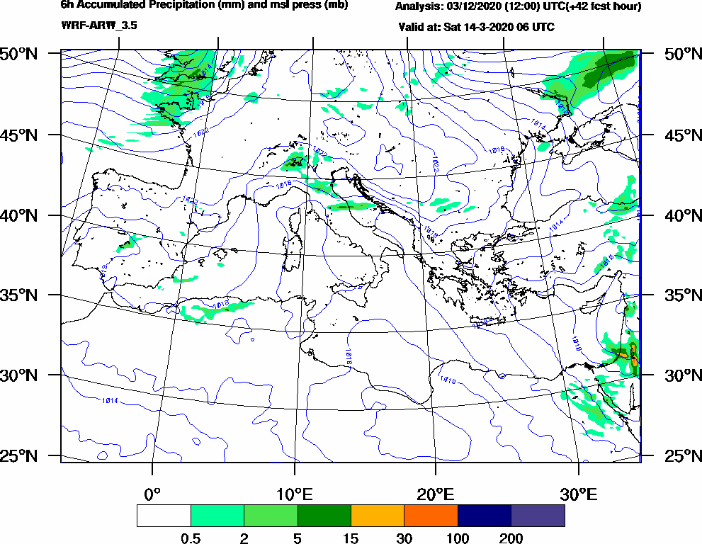 6h Accumulated Precipitation (mm) and msl press (mb) - 2020-03-14 00:00