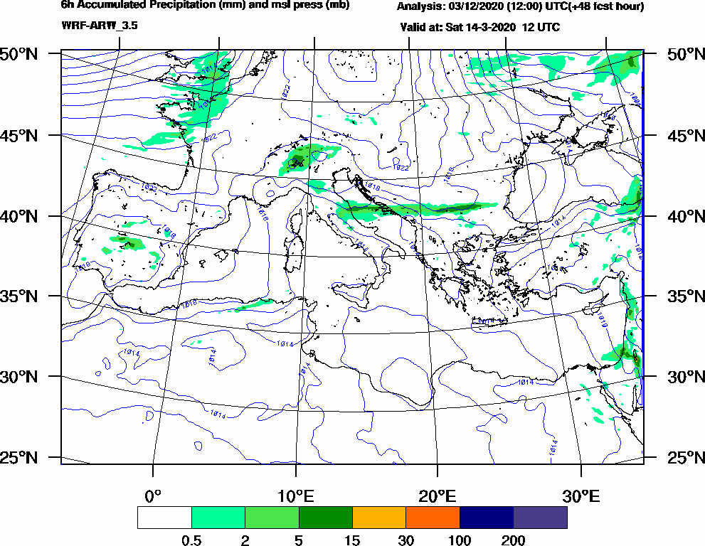 6h Accumulated Precipitation (mm) and msl press (mb) - 2020-03-14 06:00