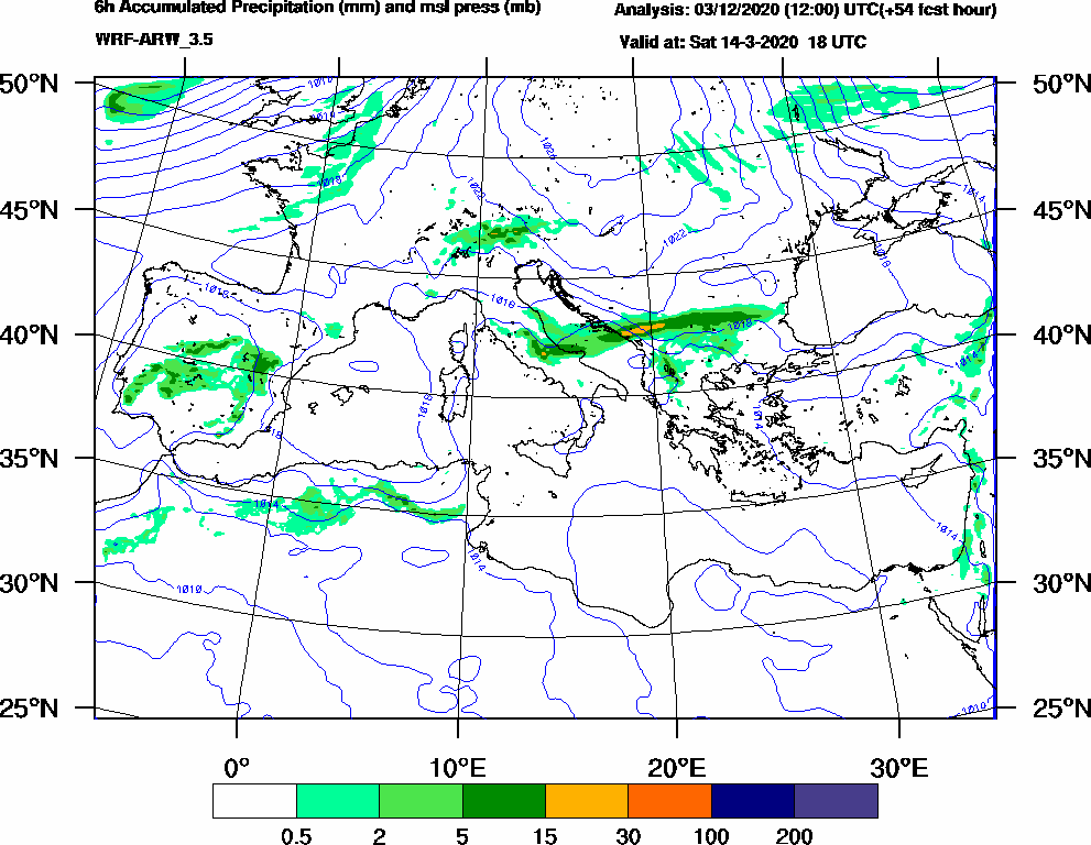 6h Accumulated Precipitation (mm) and msl press (mb) - 2020-03-14 12:00