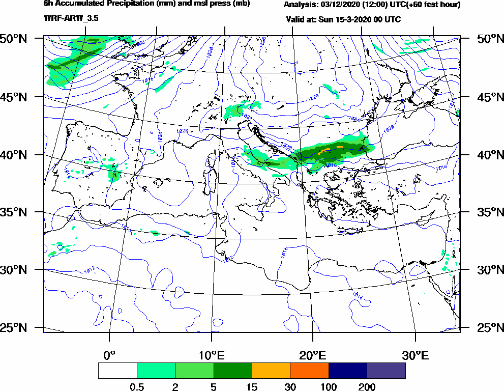 6h Accumulated Precipitation (mm) and msl press (mb) - 2020-03-14 18:00