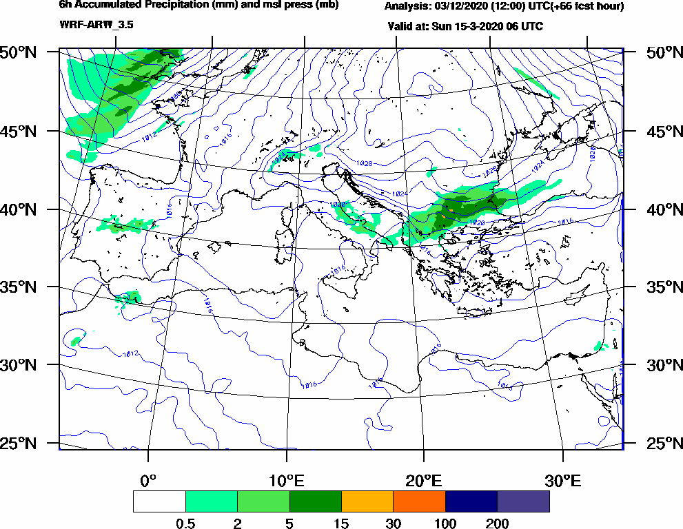 6h Accumulated Precipitation (mm) and msl press (mb) - 2020-03-15 00:00