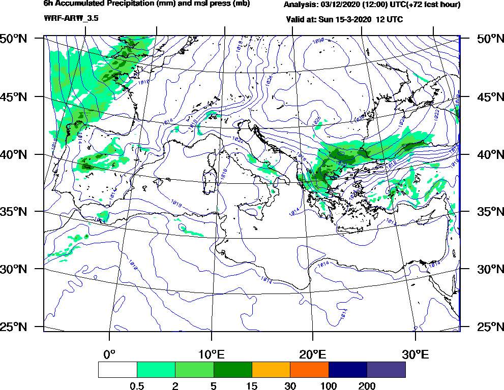 6h Accumulated Precipitation (mm) and msl press (mb) - 2020-03-15 06:00