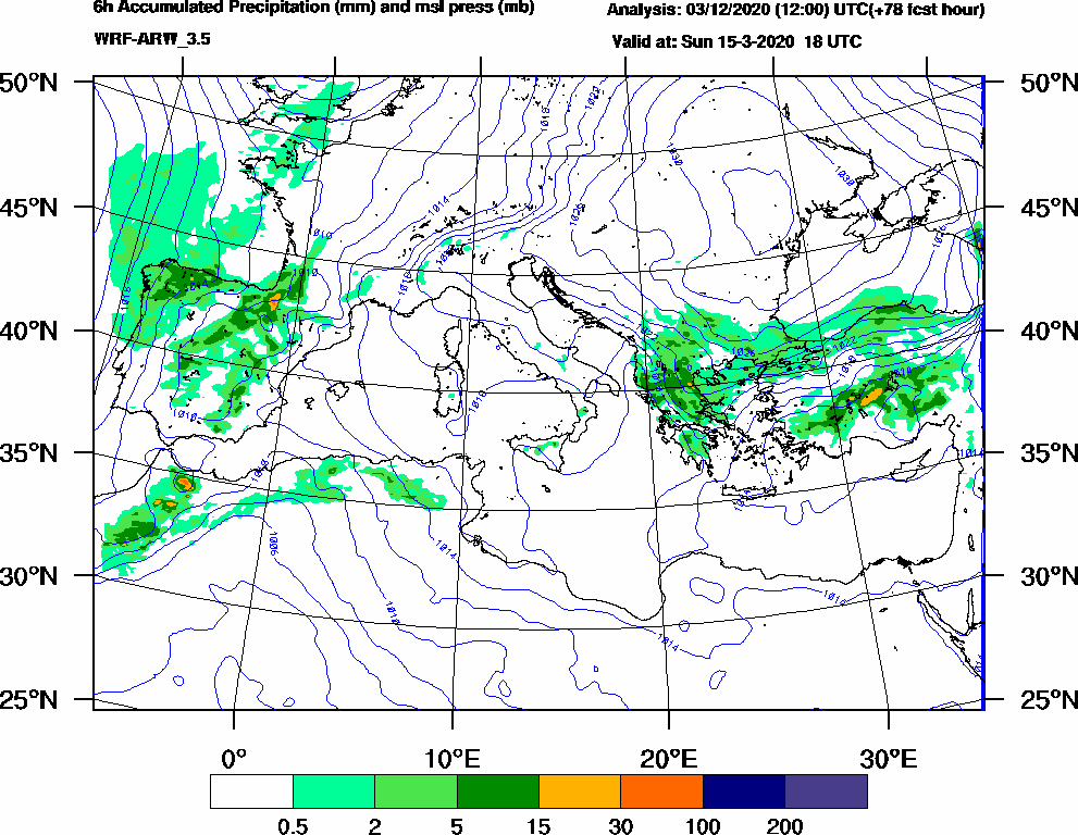 6h Accumulated Precipitation (mm) and msl press (mb) - 2020-03-15 12:00