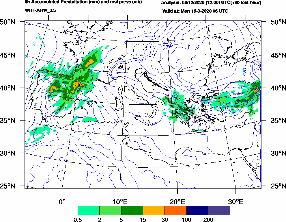 6h Accumulated Precipitation (mm) and msl press (mb) - 2020-03-16 00:00