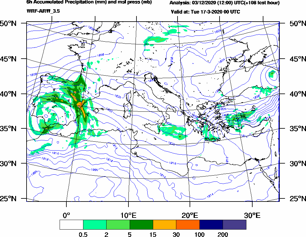 6h Accumulated Precipitation (mm) and msl press (mb) - 2020-03-16 18:00