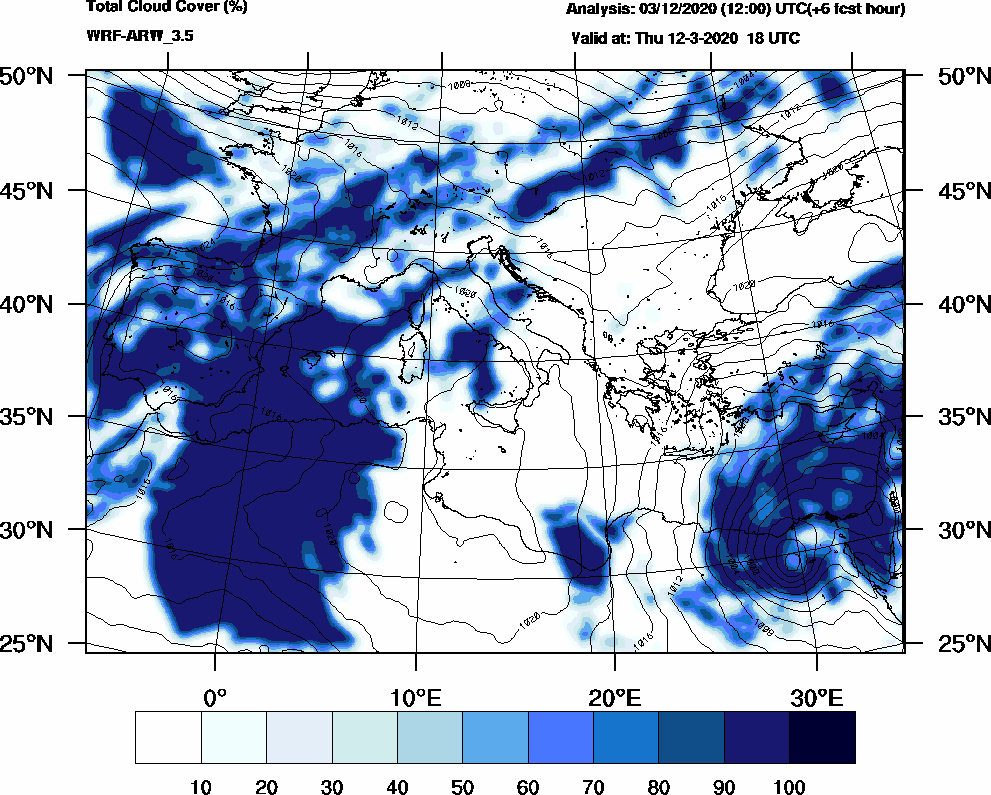 Total cloud cover (%) - 2020-03-12 12:00