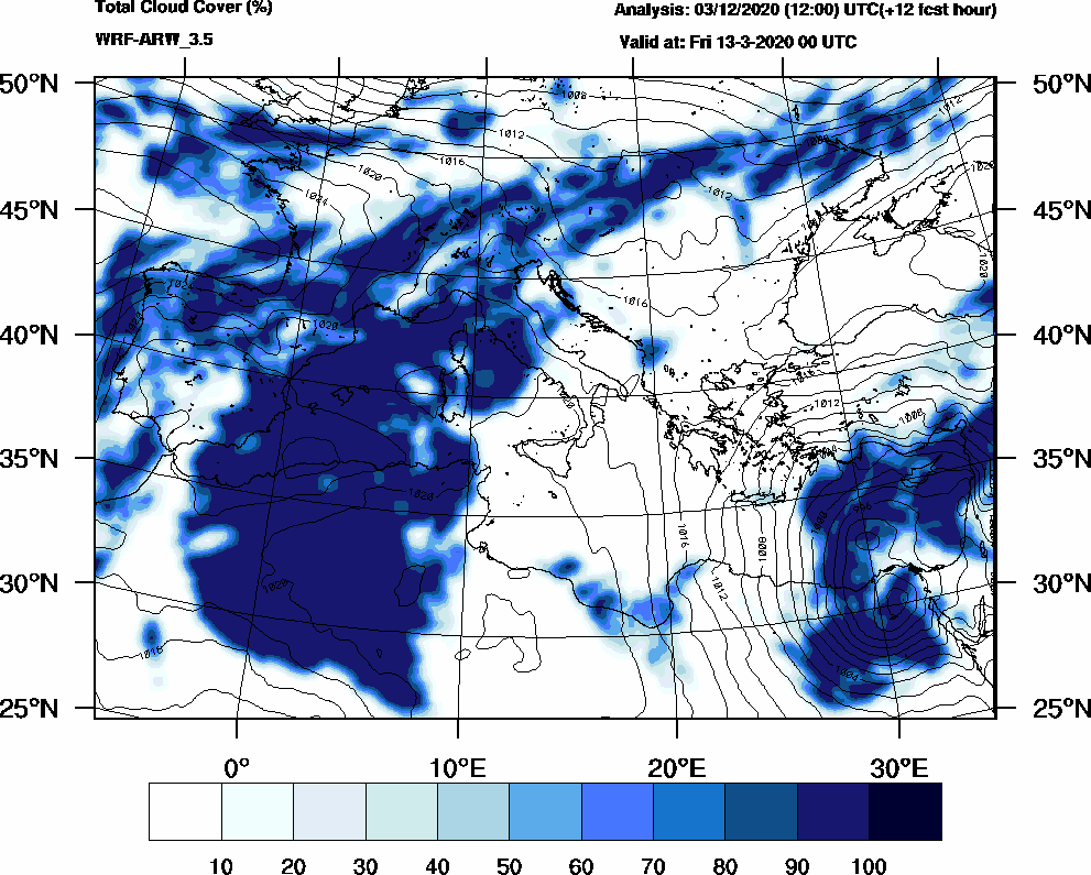 Total cloud cover (%) - 2020-03-12 18:00