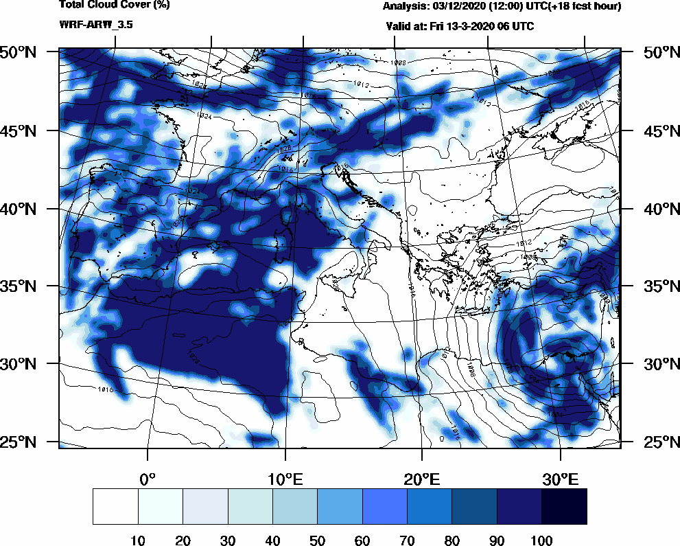 Total cloud cover (%) - 2020-03-13 00:00