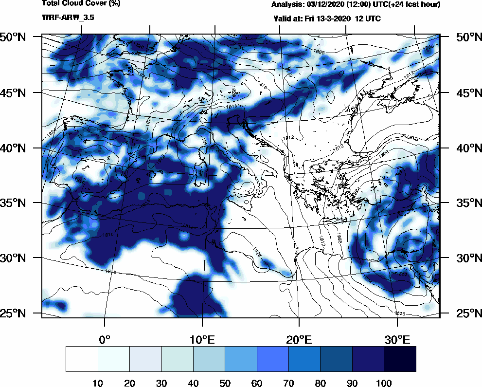 Total cloud cover (%) - 2020-03-13 06:00