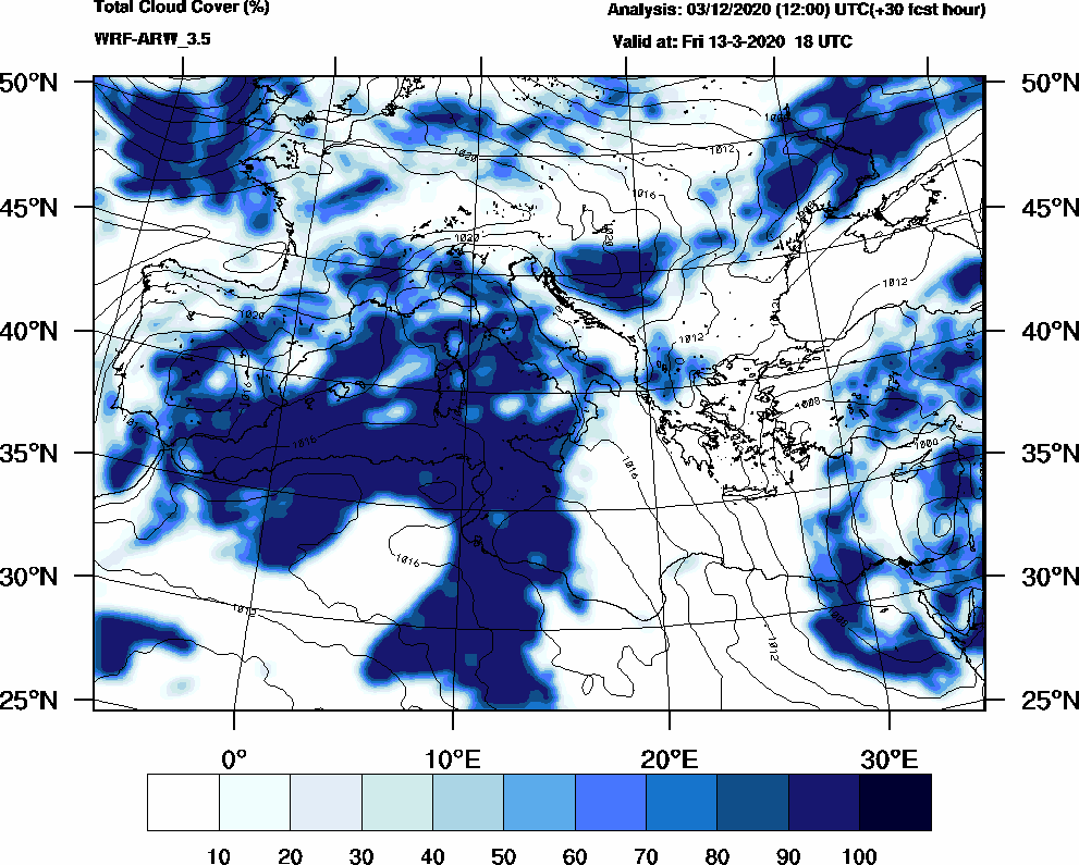 Total cloud cover (%) - 2020-03-13 12:00