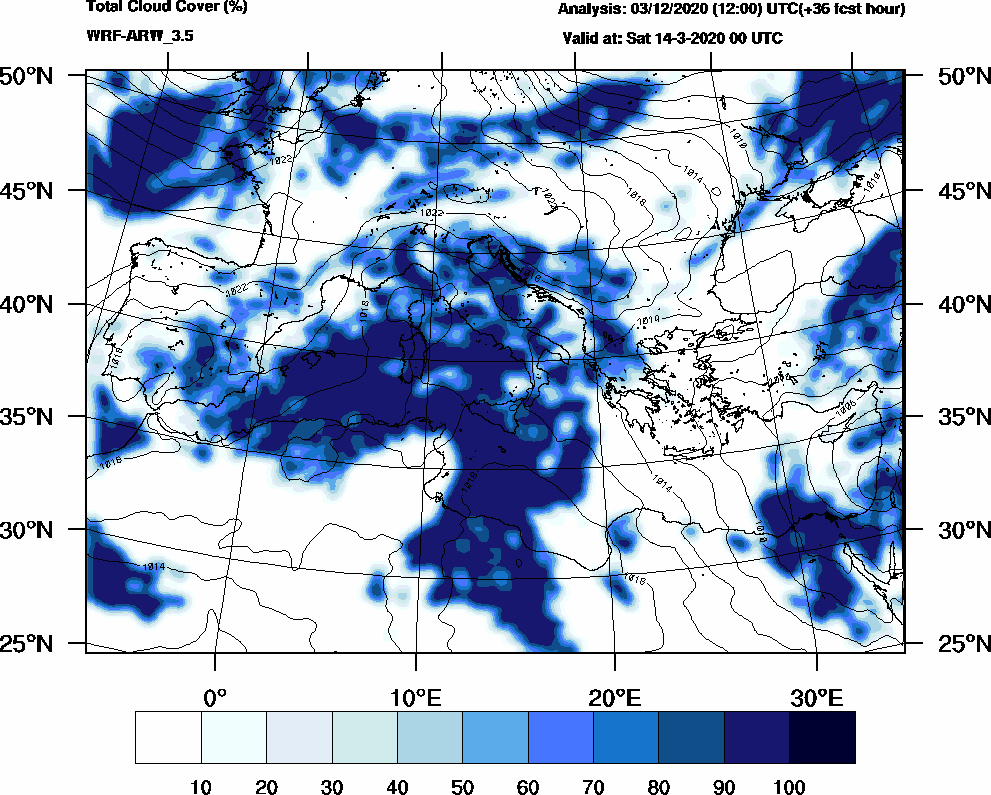 Total cloud cover (%) - 2020-03-13 18:00