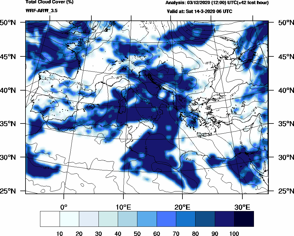 Total cloud cover (%) - 2020-03-14 00:00