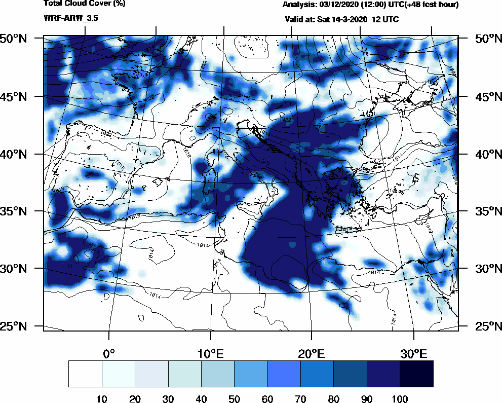 Total cloud cover (%) - 2020-03-14 06:00