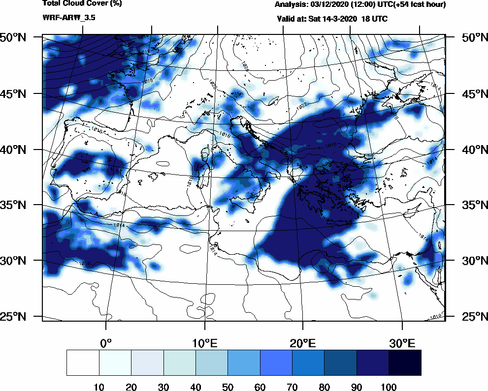 Total cloud cover (%) - 2020-03-14 12:00