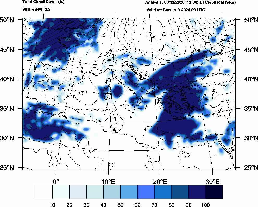 Total cloud cover (%) - 2020-03-14 18:00