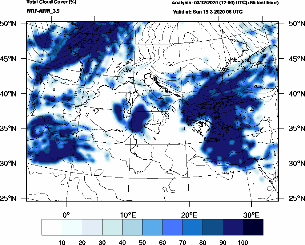 Total cloud cover (%) - 2020-03-15 00:00