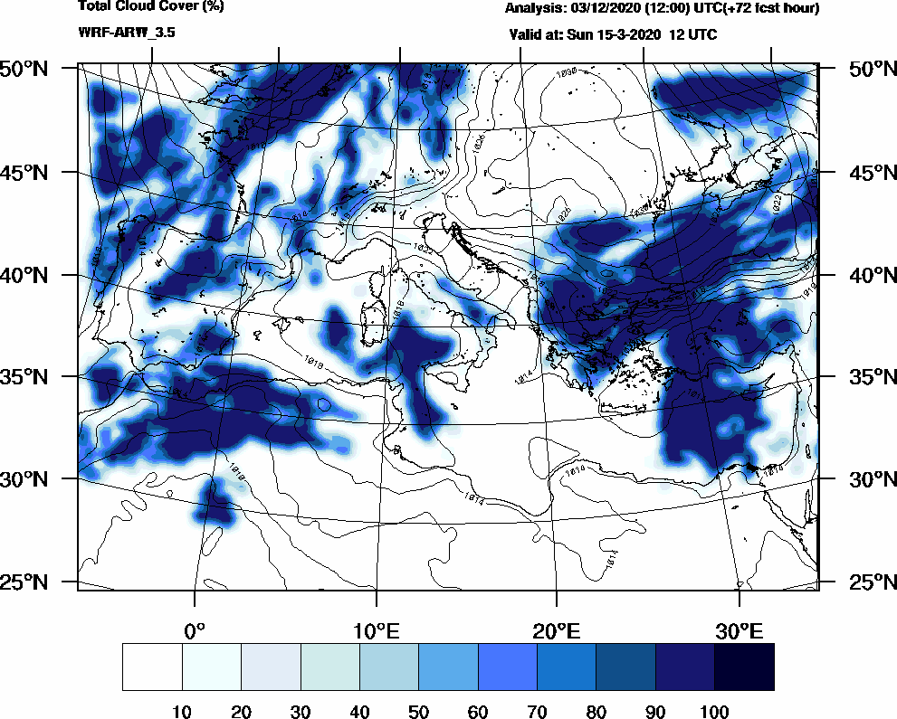 Total cloud cover (%) - 2020-03-15 06:00