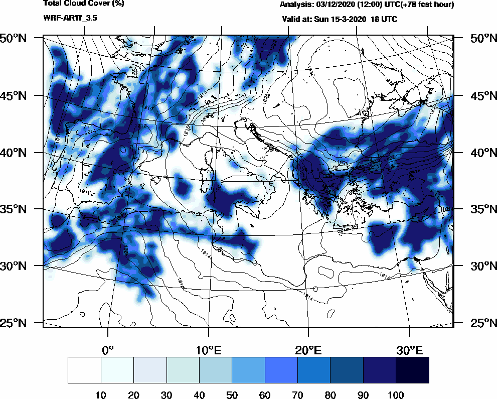 Total cloud cover (%) - 2020-03-15 12:00