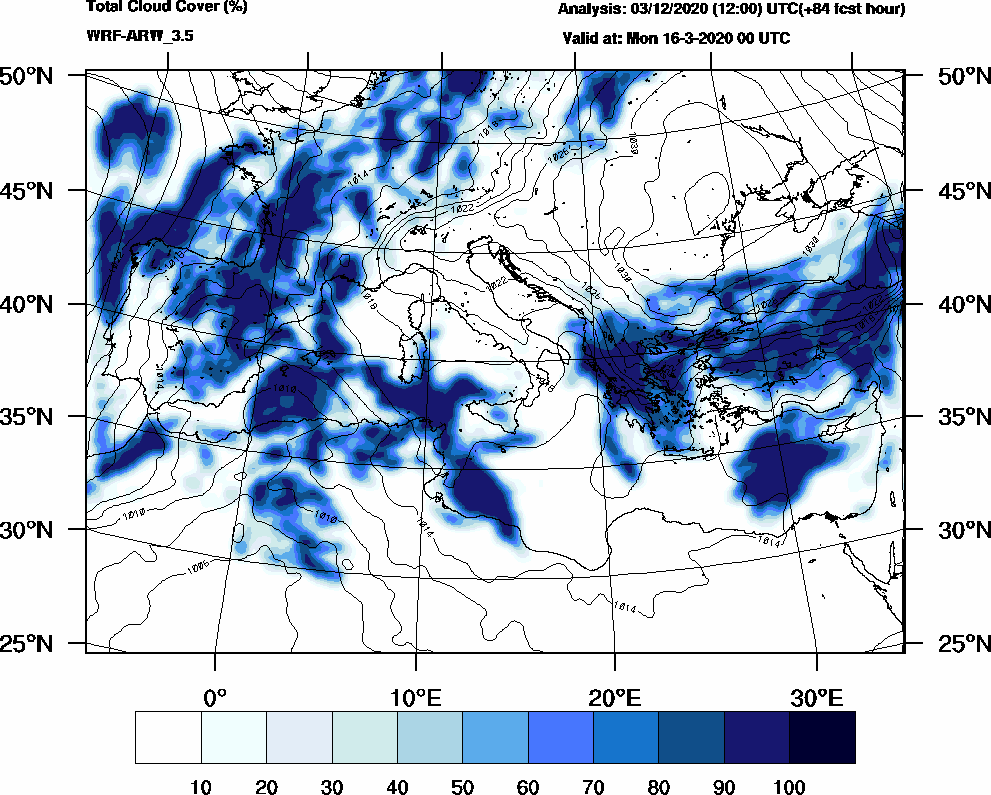 Total cloud cover (%) - 2020-03-15 18:00