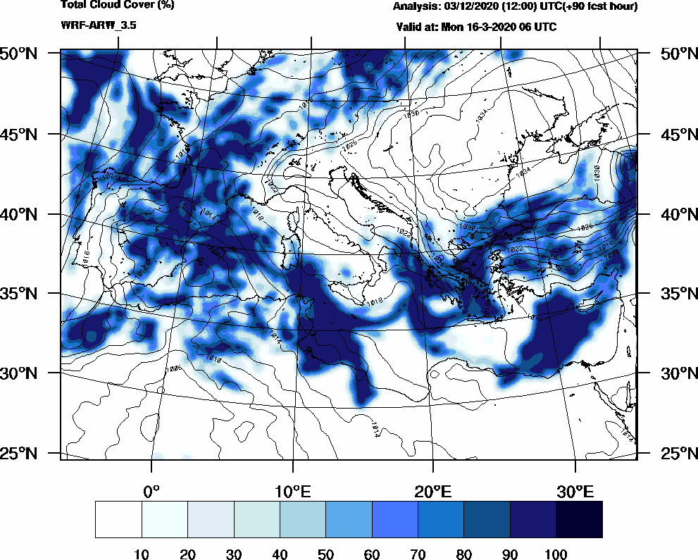 Total cloud cover (%) - 2020-03-16 00:00