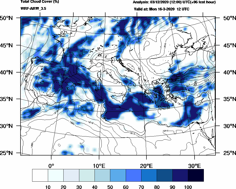 Total cloud cover (%) - 2020-03-16 06:00